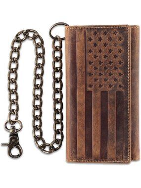 Classic RFID Blocking Men's Tri-Fold Leather Wallet with Steel Chain - Brown